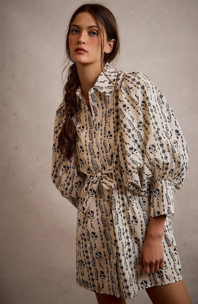 Floral Collared Long Puff Sleeve Tie Waist Mini Dress