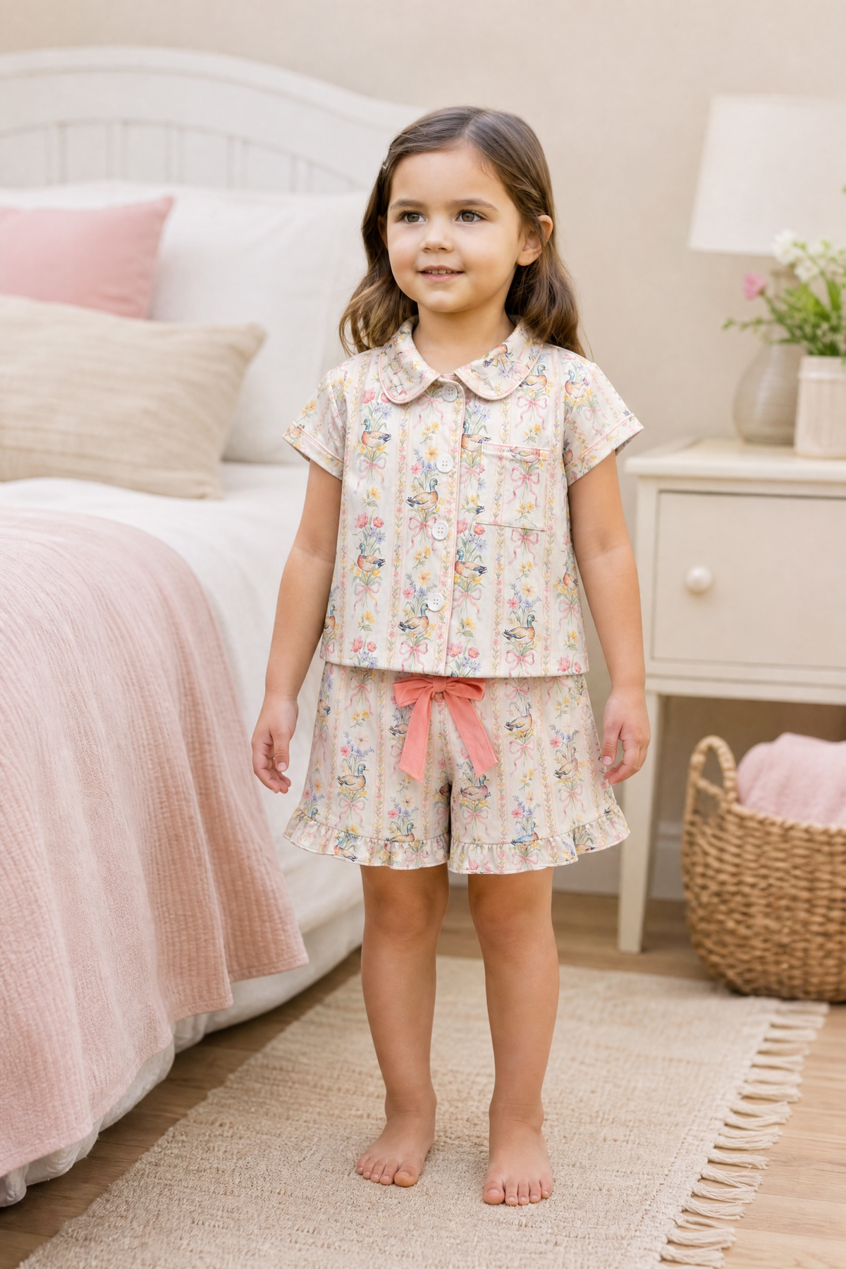 Mallard Duck printed pajamas set  w/lt. pink bow on shorts. GSSO013027-JEAN