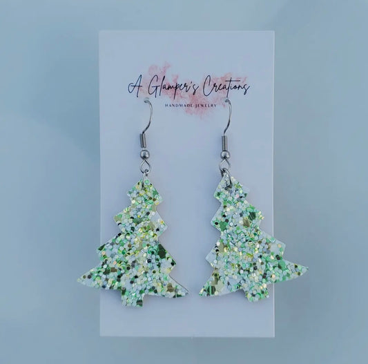 Green “Glitter Mix Christmas Tree” Leather-Earrings