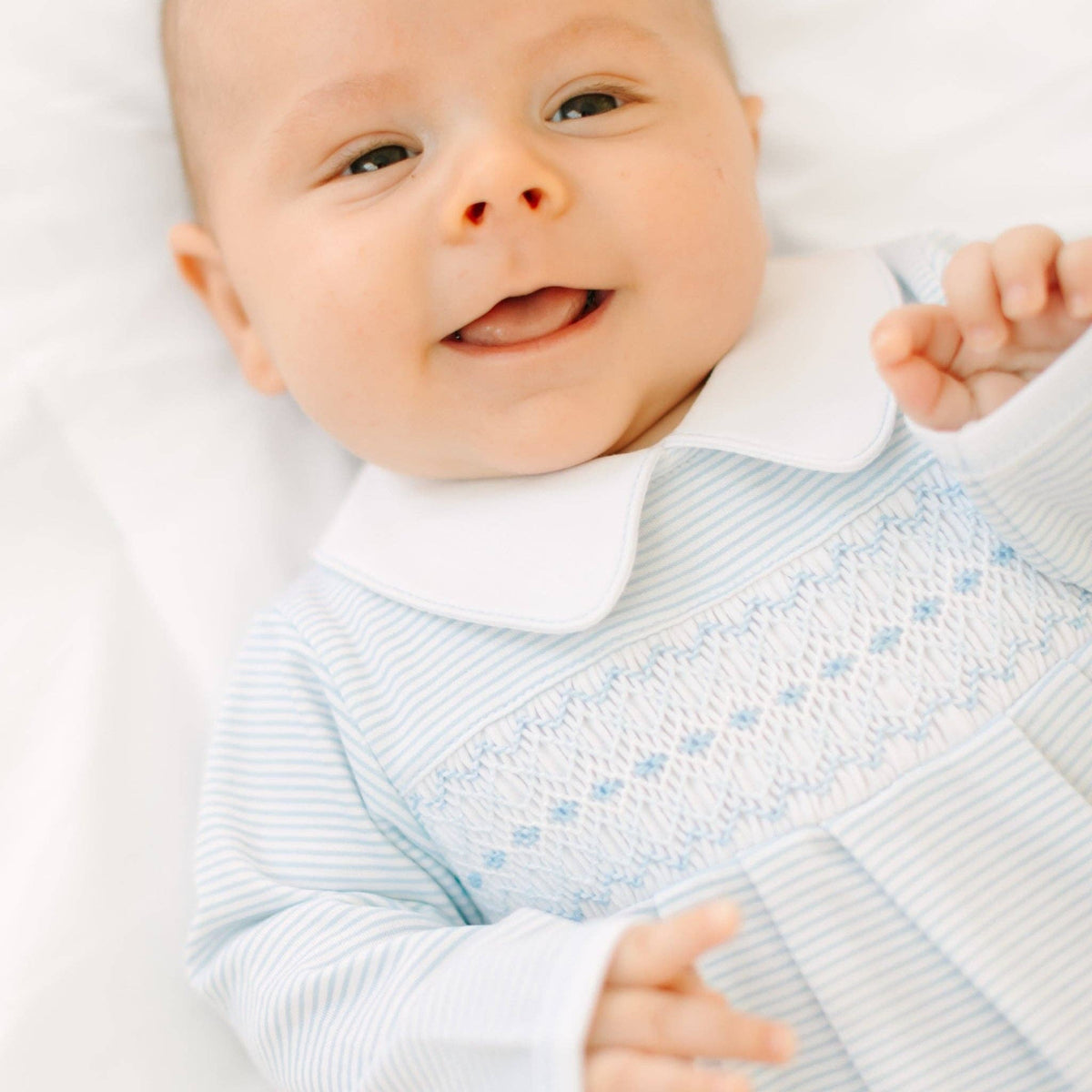 Benjamin Smocked Long Sleeve Bubble - Light Blue