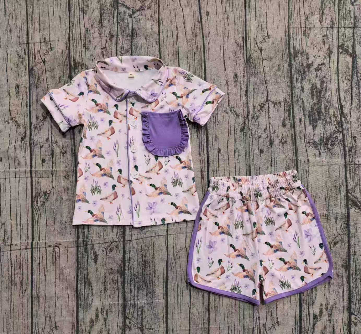 Mallard Duck printed pajamas with purple hem. GSSO013025-SOL