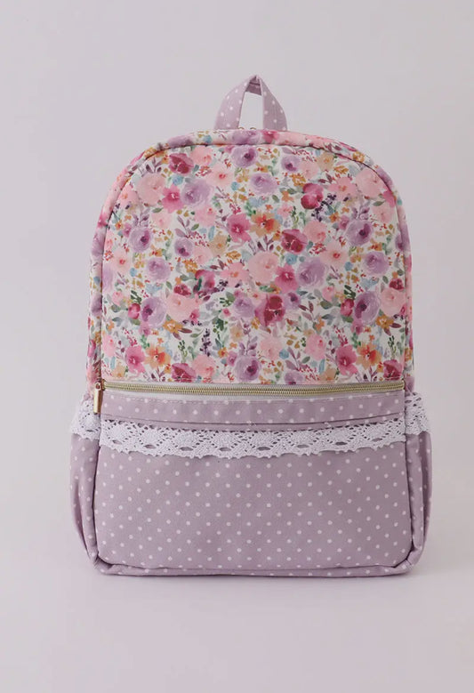 Purple Floral Print Canvas Ruffle Backpack