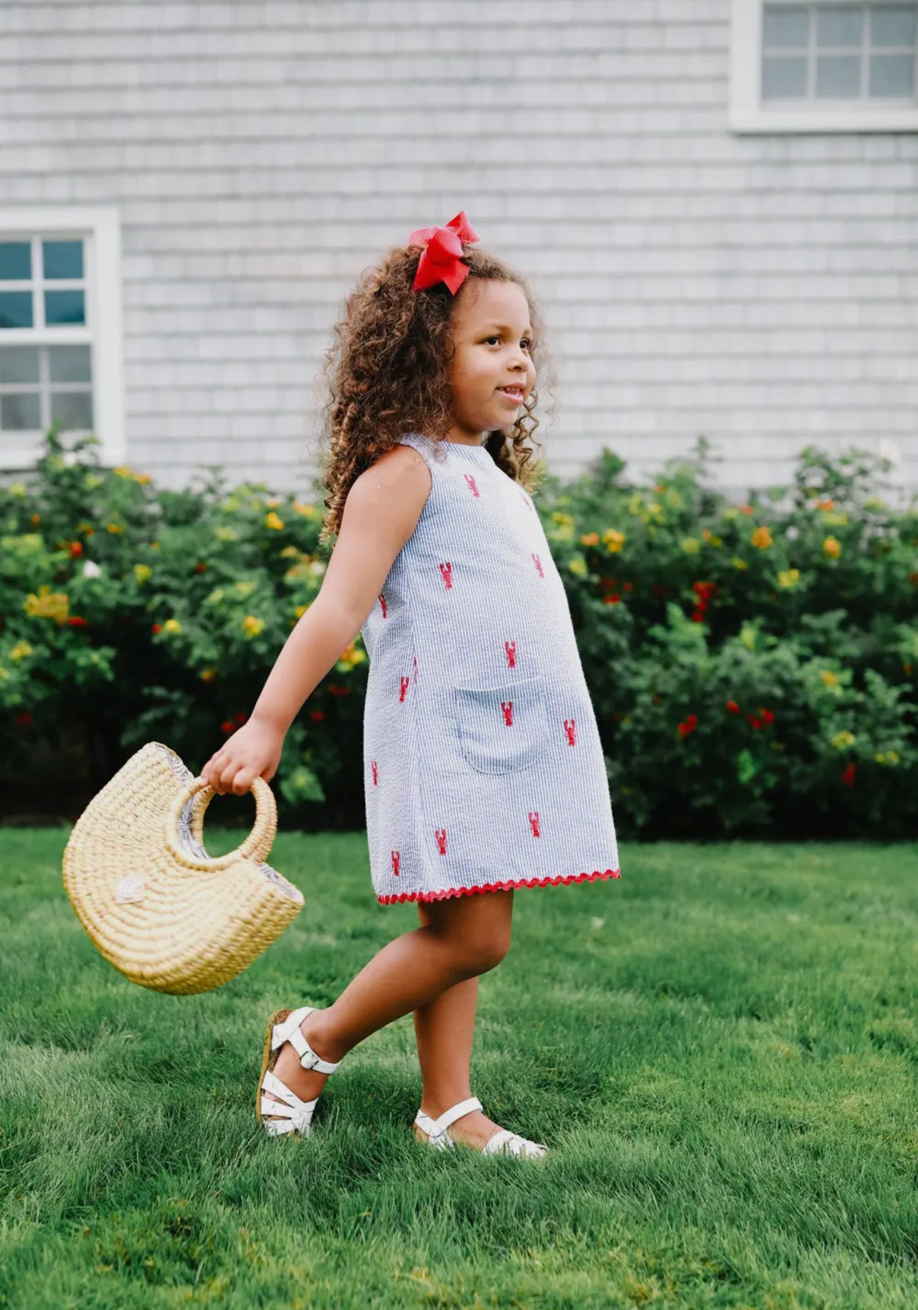 Blue Seersucker Girls Dress with Red
Embroidered Crawfish