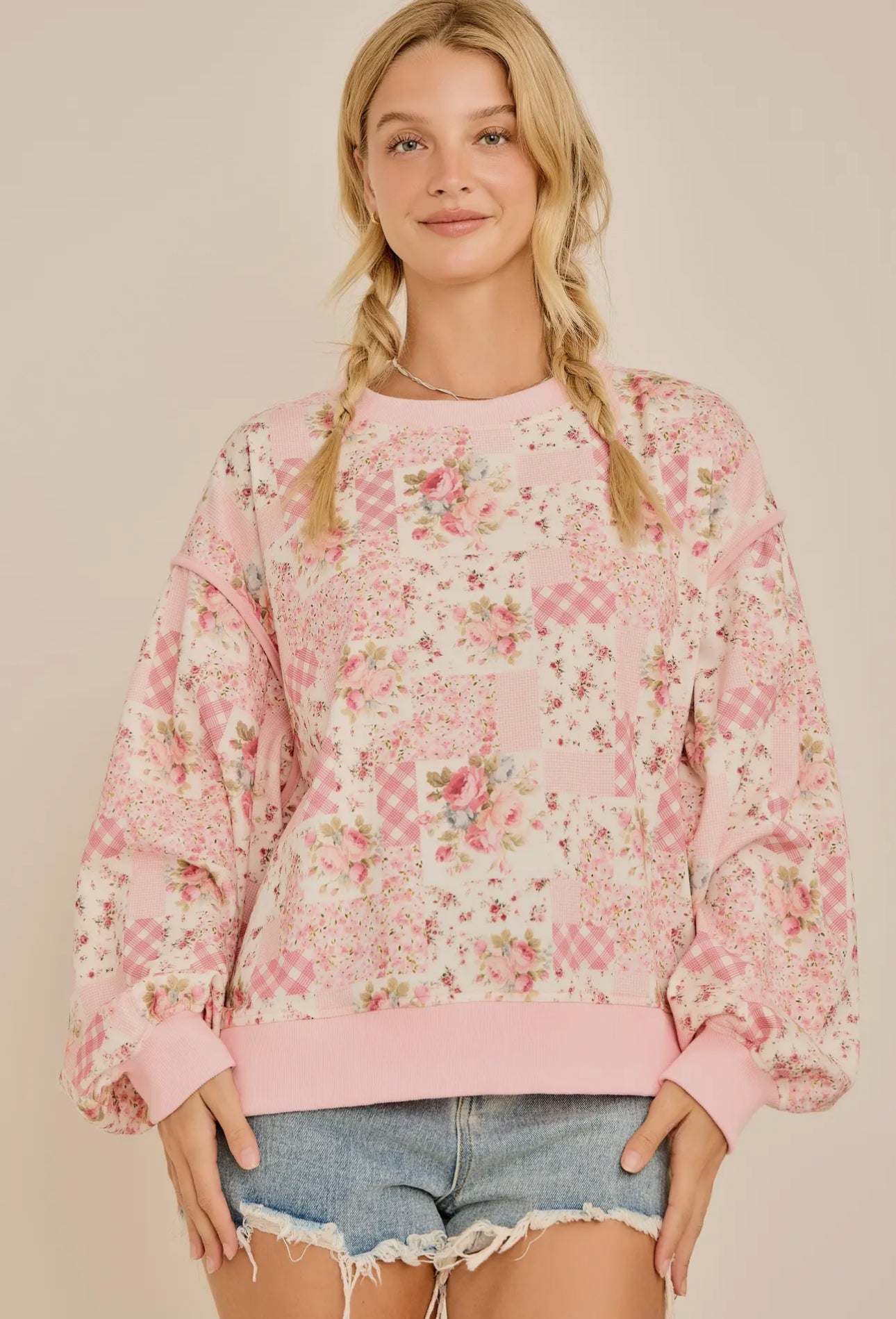 Oversized Patchwork Floral Crewneck Sweatshirt