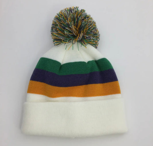 Mardi Gras Stripe Beanie Hat with Pom Pom