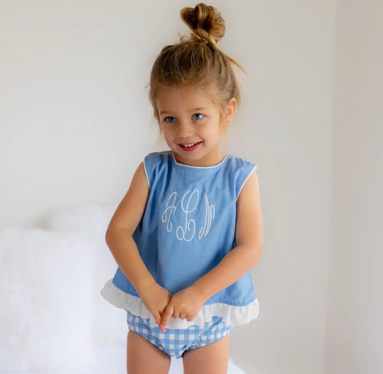 Girls Ruffle Trimmed Swing Back Bloomer Set - Blue Gingham