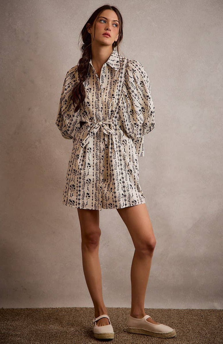 Floral Collared Long Puff Sleeve Tie Waist Mini Dress