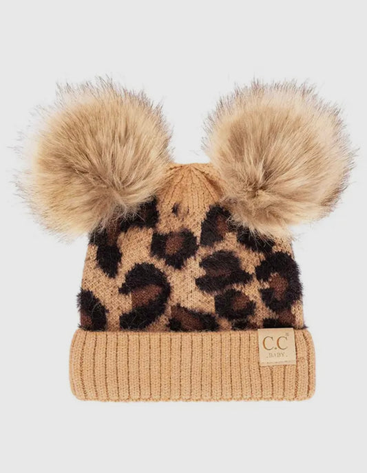 C.C Baby Leopard Double Pom Pom Beanie Hat- Beige