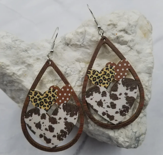 Wooden “Leopard Heart” Earrings- Valentines Day