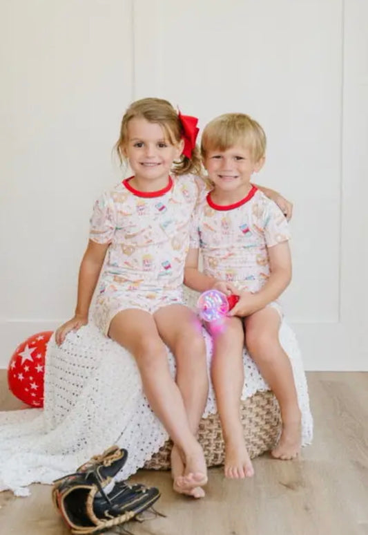 Baseball Snacks Two Piece Pajama Short Set