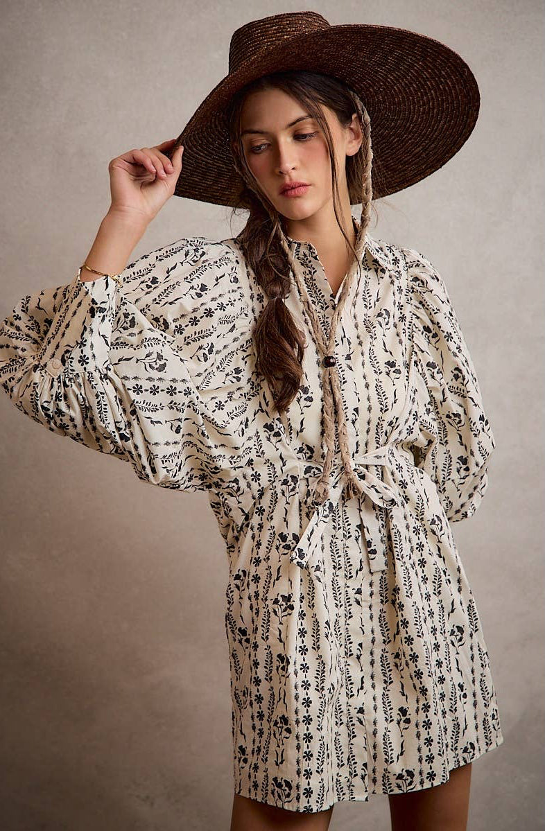 Floral Collared Long Puff Sleeve Tie Waist Mini Dress