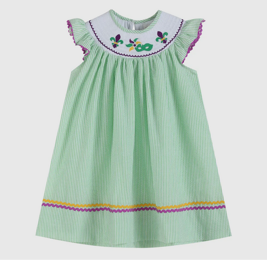 Mardi Gras Smocked Bishop Dress- Green/Purple