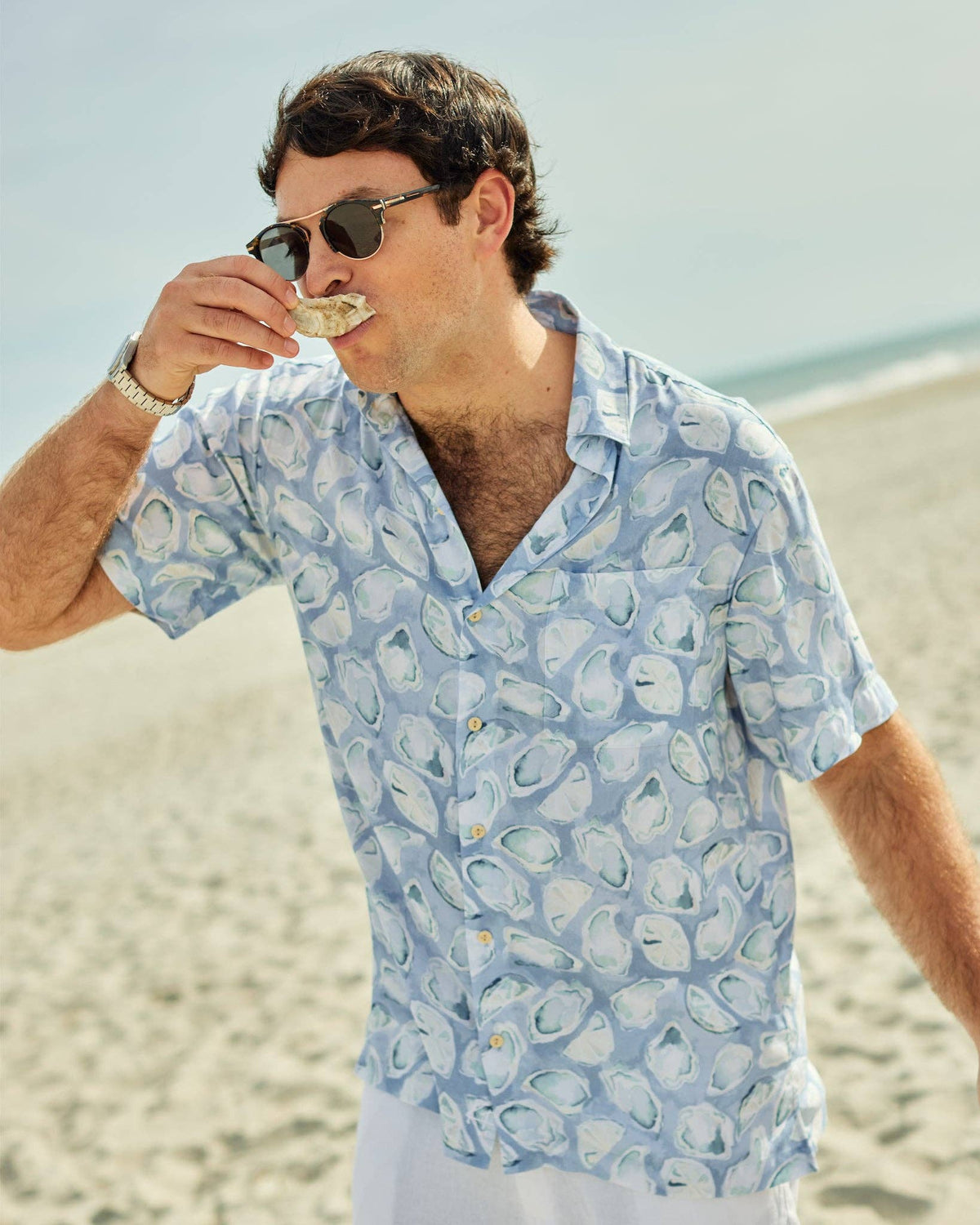 Mens Light Blue Oyster Print Short Sleeve Shirt