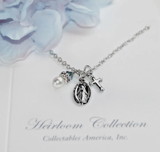 Catholic Mary Necklace Pearl, Crystal, Medal