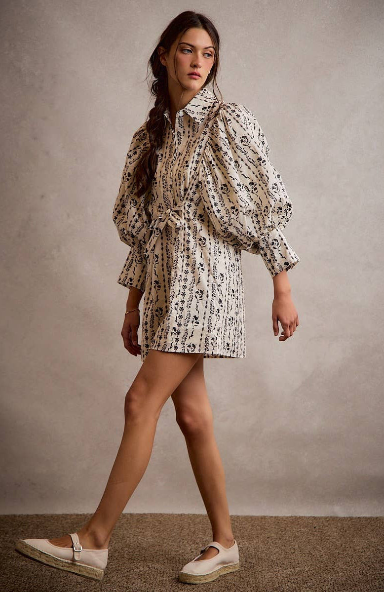 Floral Collared Long Puff Sleeve Tie Waist Mini Dress