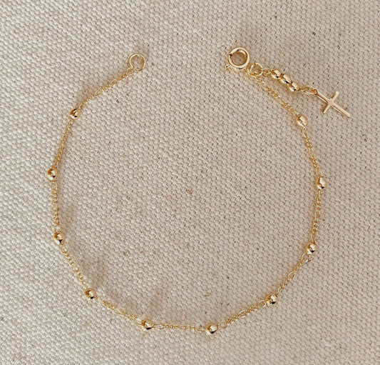 18k Gold Filled Beaded Bracelet with
Cross Charm