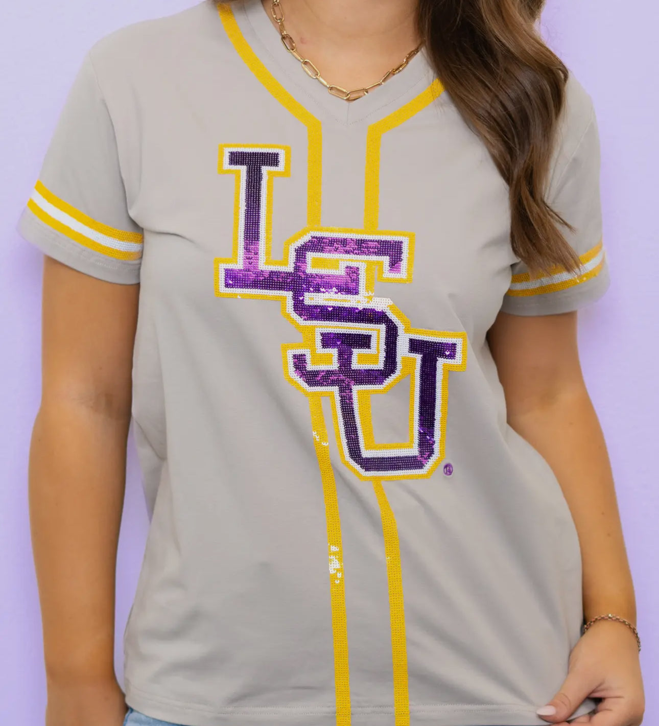 Lsu Baseball Logo (Licensed) |
Women's Sequin Embroidery Baseball Jersey Tee (Grey)