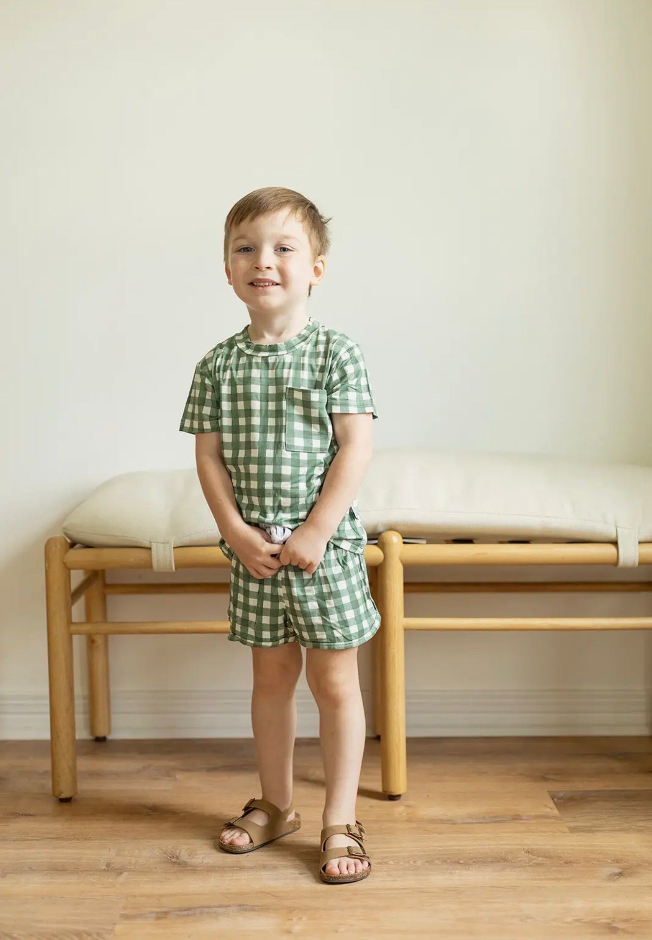 Green Gingham Bamboo Varsity Short Set - T-Shirt & Shorts