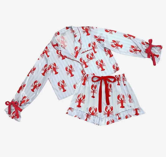 Long Sleeve Ruffled Pj Set - Blue Stripes + Crawfish