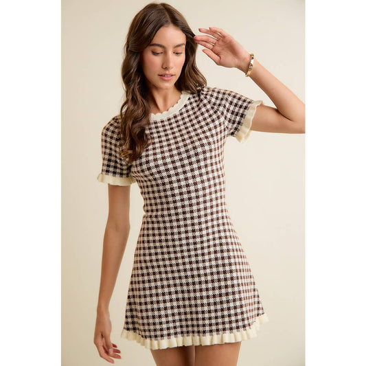 Gingham Ruffled Sweater Knit Dress