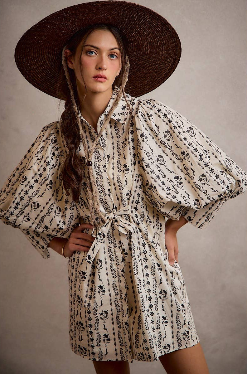 Floral Collared Long Puff Sleeve Tie Waist Mini Dress