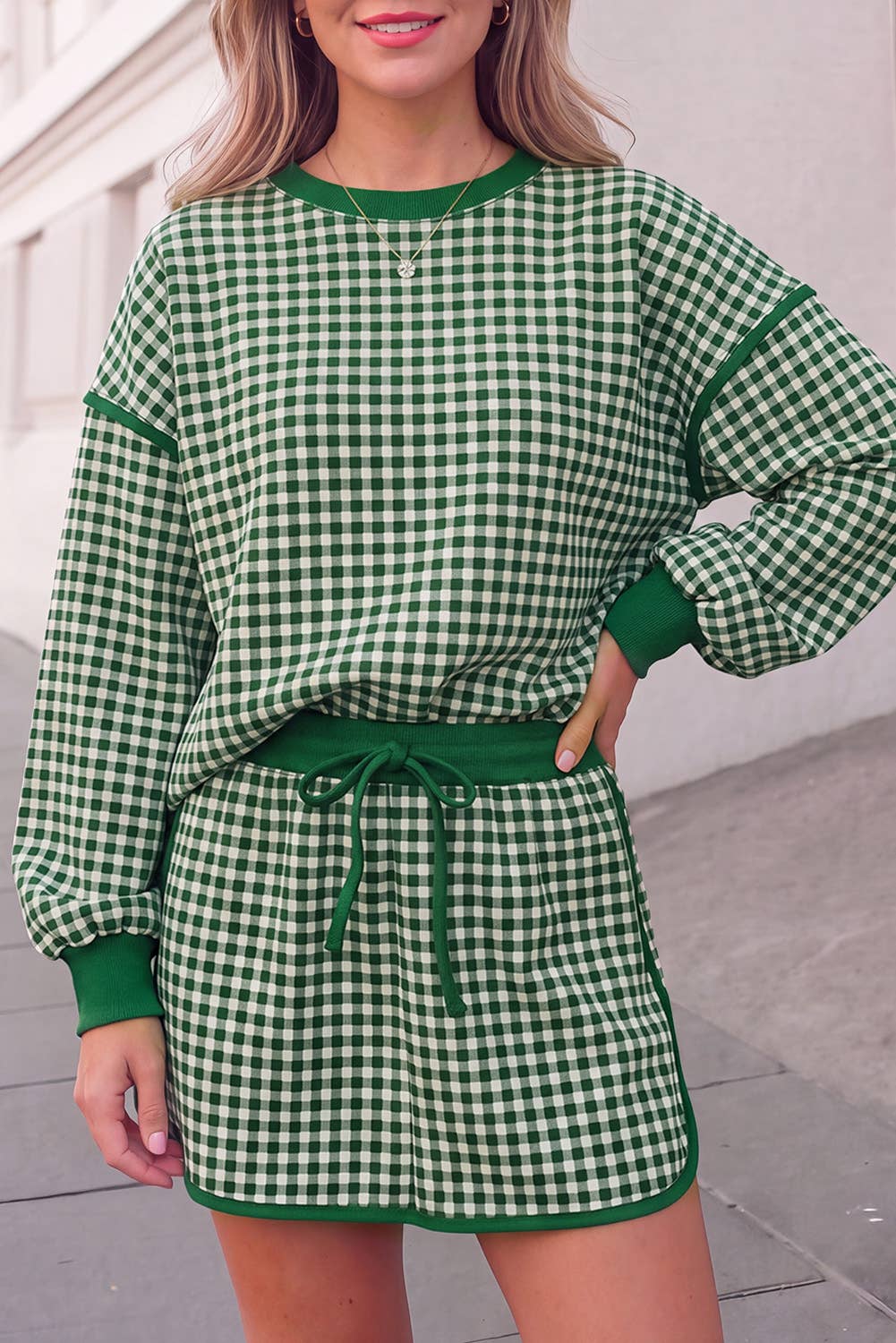 Gingham Pirnt Cozy Oversized Top & Skort Set | S-XL