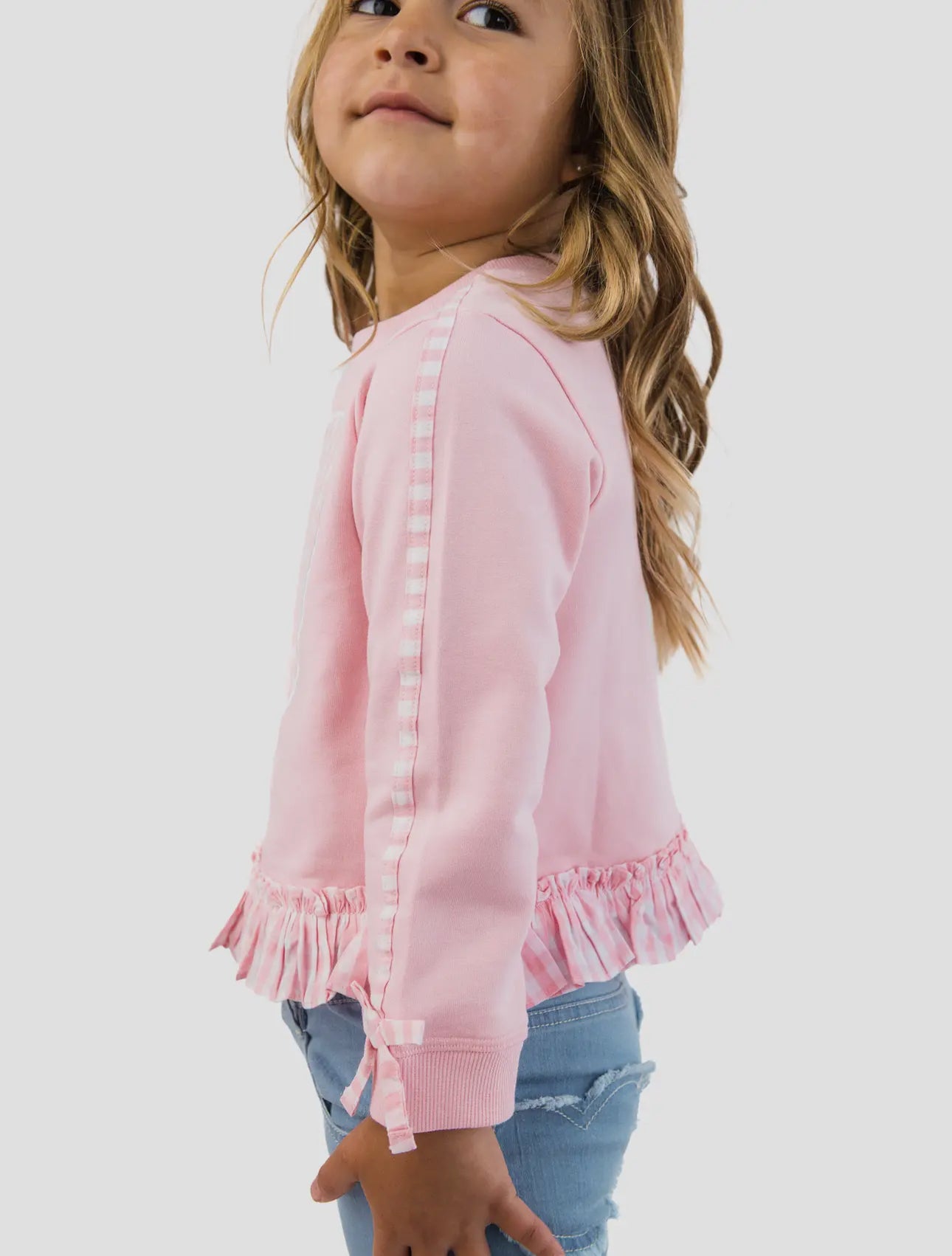 Girls Heart Pink Gingham Applique Ruffle
Bow Sweatshirt