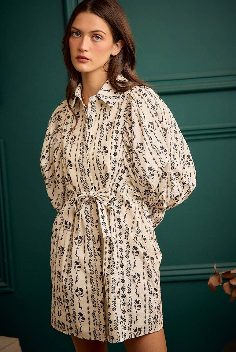 Floral Collared Long Puff Sleeve Tie Waist Mini Dress