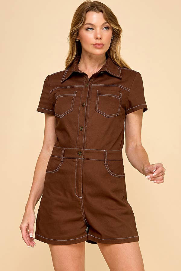 Shirt neck design short sleeve romper