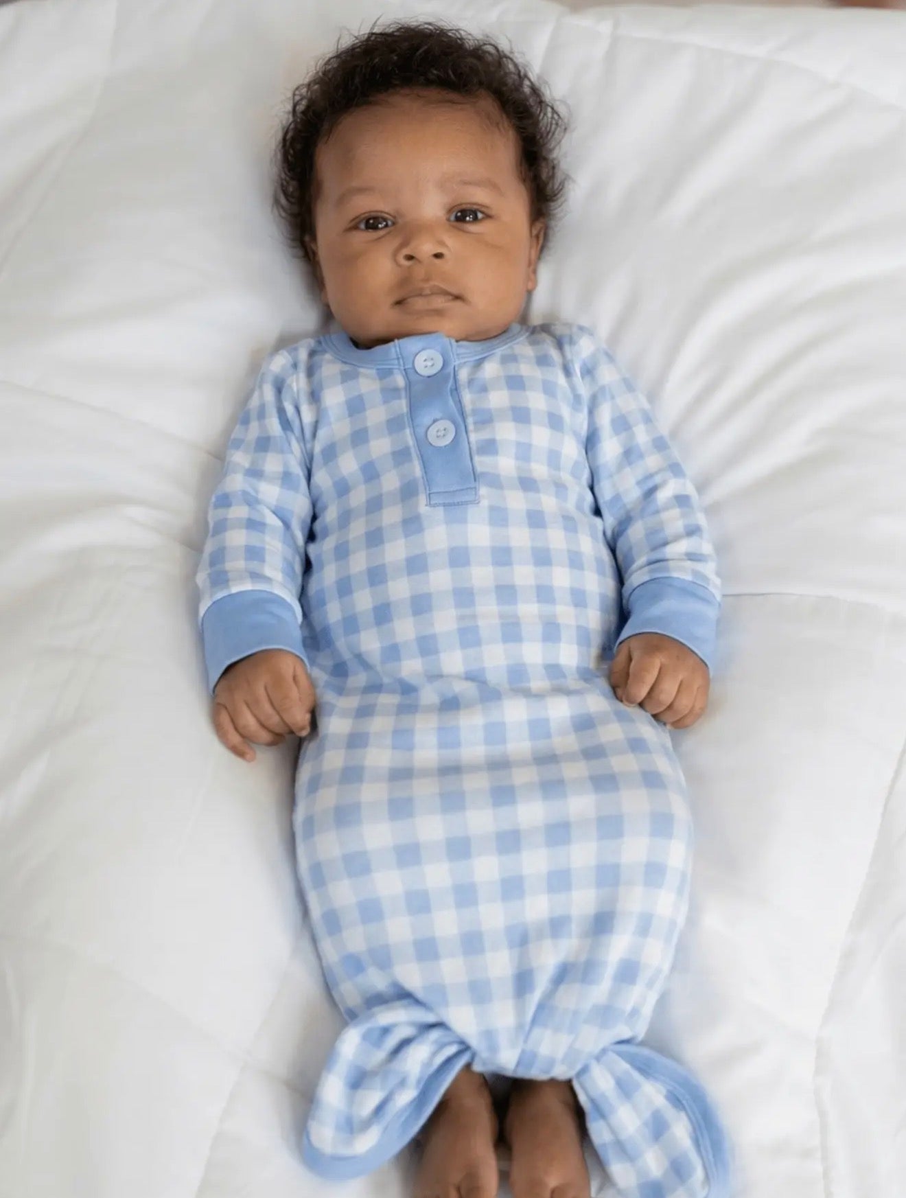 Boys Baby Knotted Gown - Blue Gingham