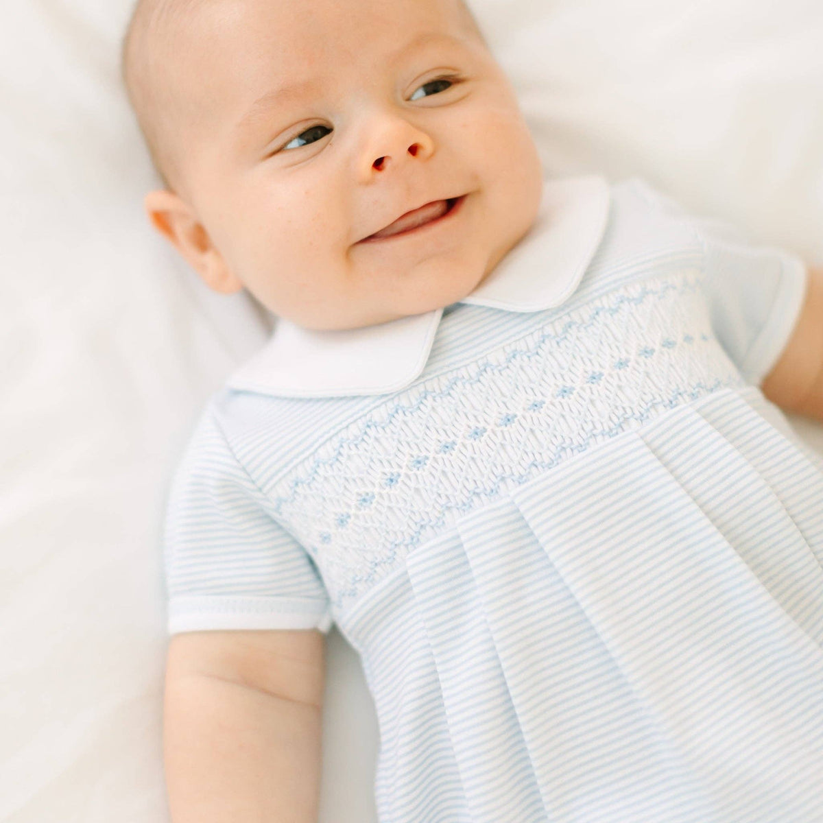 Benjamin Smocked Short Sleeve Bubble - Light Blue