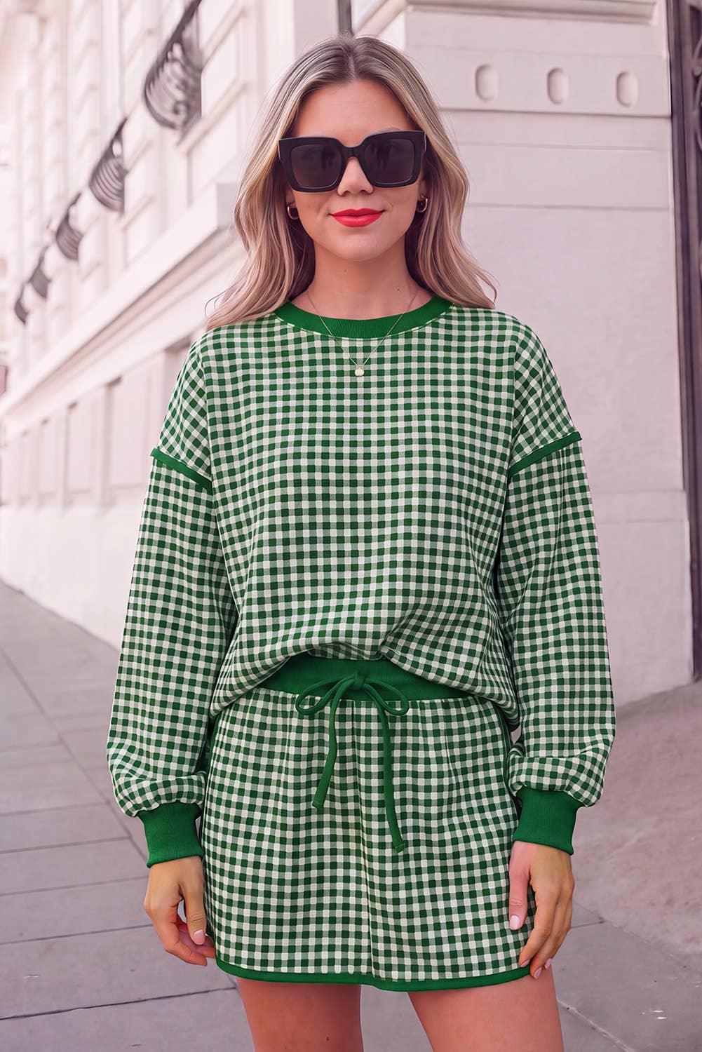 Gingham Pirnt Cozy Oversized Top & Skort Set | S-XL