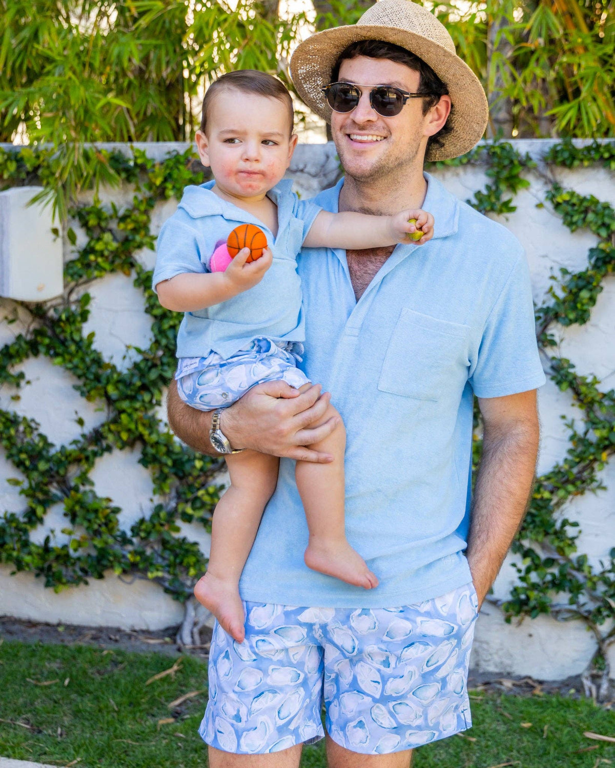 Boys Light Blue Oyster Print Swim Trunks