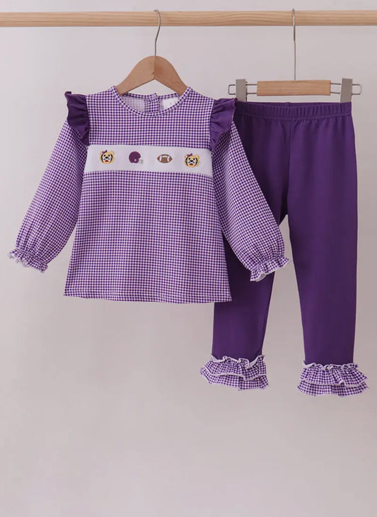 Premium Purple Lsu Tiger Football
Embroideyr Gingham Ruffle Pants Set