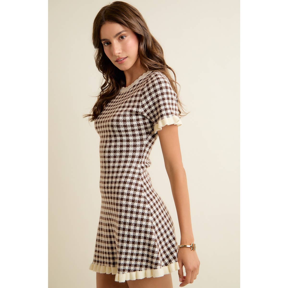 Gingham Ruffled Sweater Knit Dress