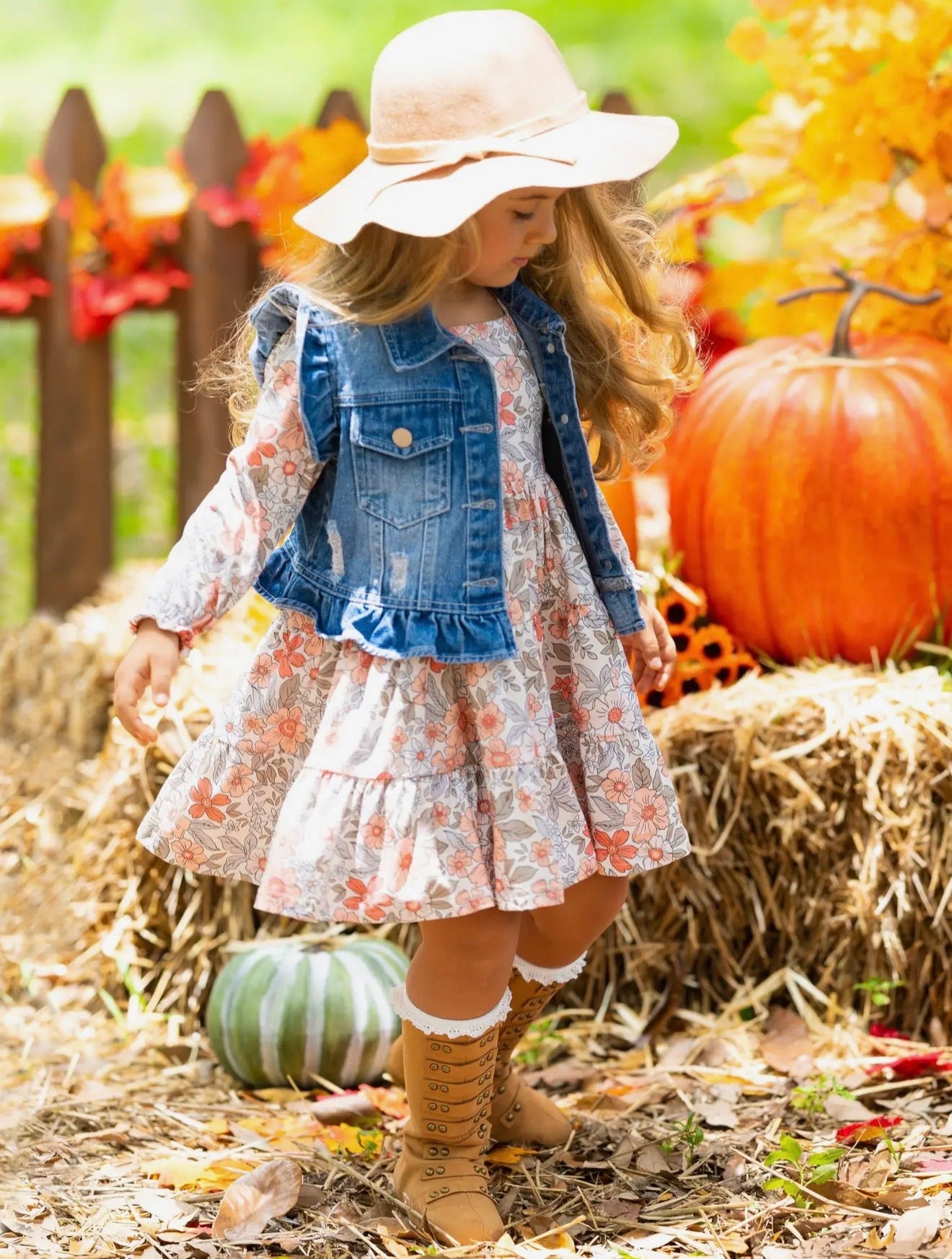 Long Sleeve Floral Dress w/ Ruffle Denim Vest & Set