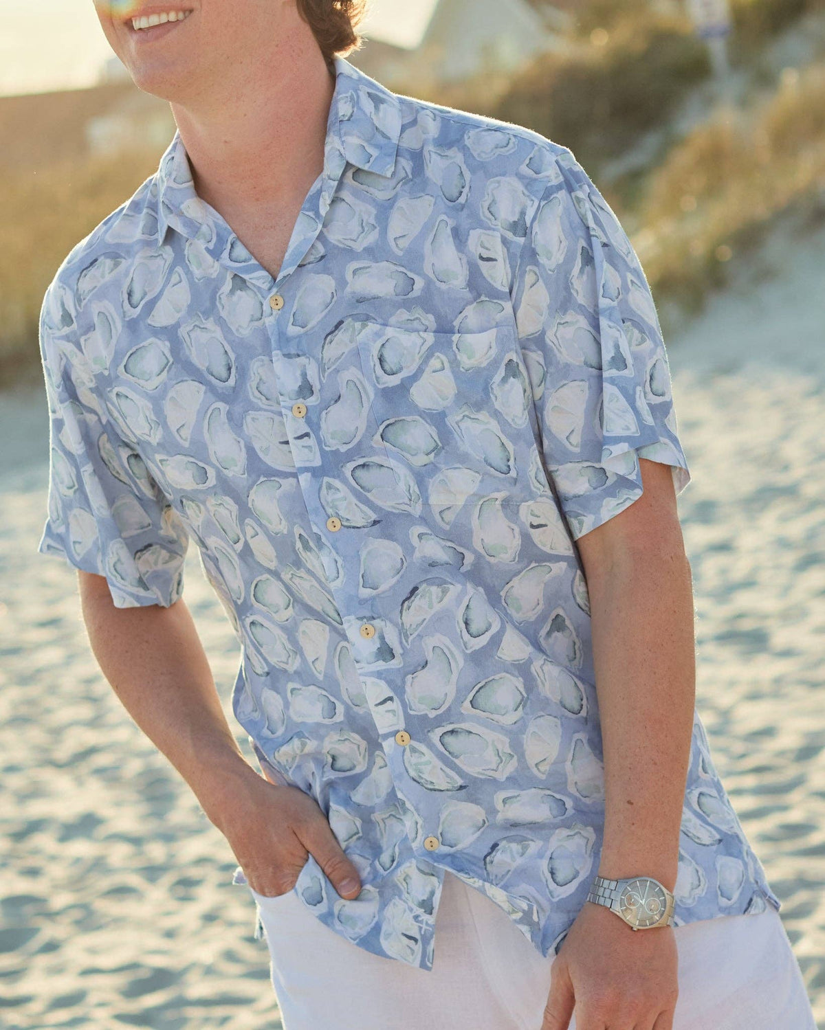 Mens Light Blue Oyster Print Short Sleeve Shirt