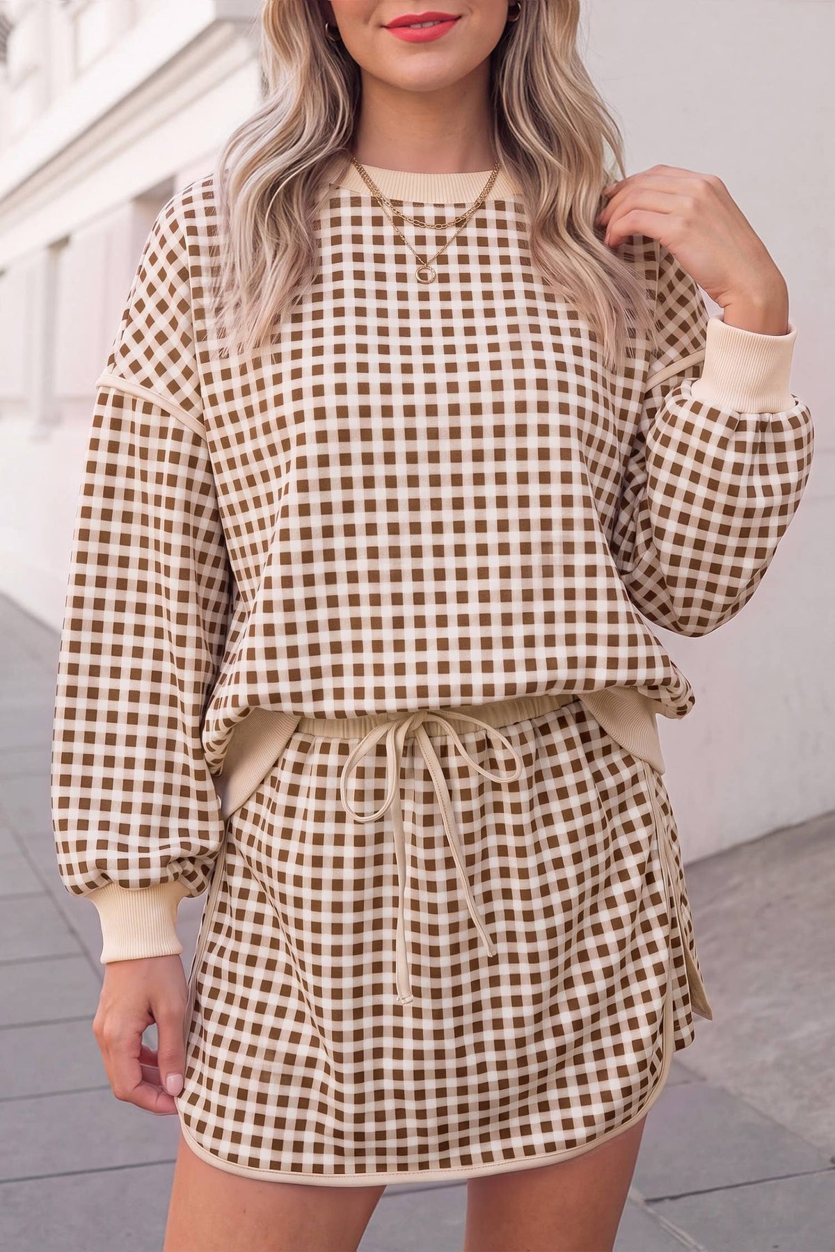 Gingham Pirnt Cozy Oversized Top & Skort Set | S-XL