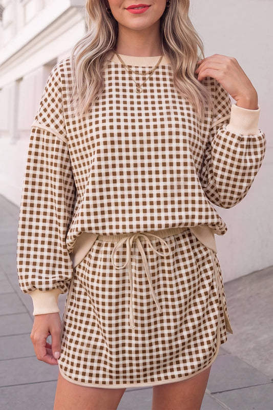 Gingham Pirnt Cozy Oversized Top & Skort Set | S-XL