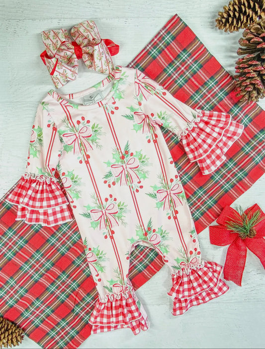 Holly Bows & Stripes Infant Christmas Onesie