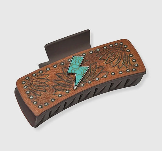Lightning Bolt Turquoise Stone Leather Rectangular Grander- Hair Clip