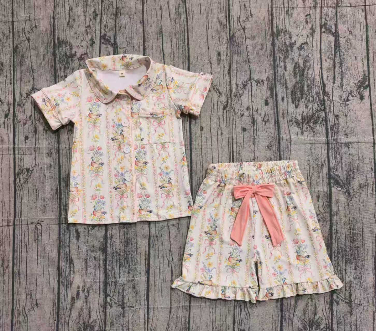 Mallard Duck printed pajamas set  w/lt. pink bow on shorts. GSSO013027-JEAN