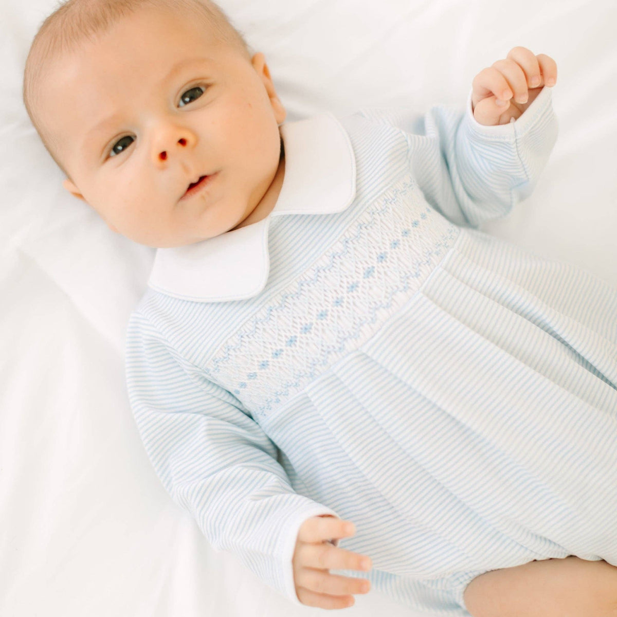 Benjamin Smocked Long Sleeve Bubble - Light Blue