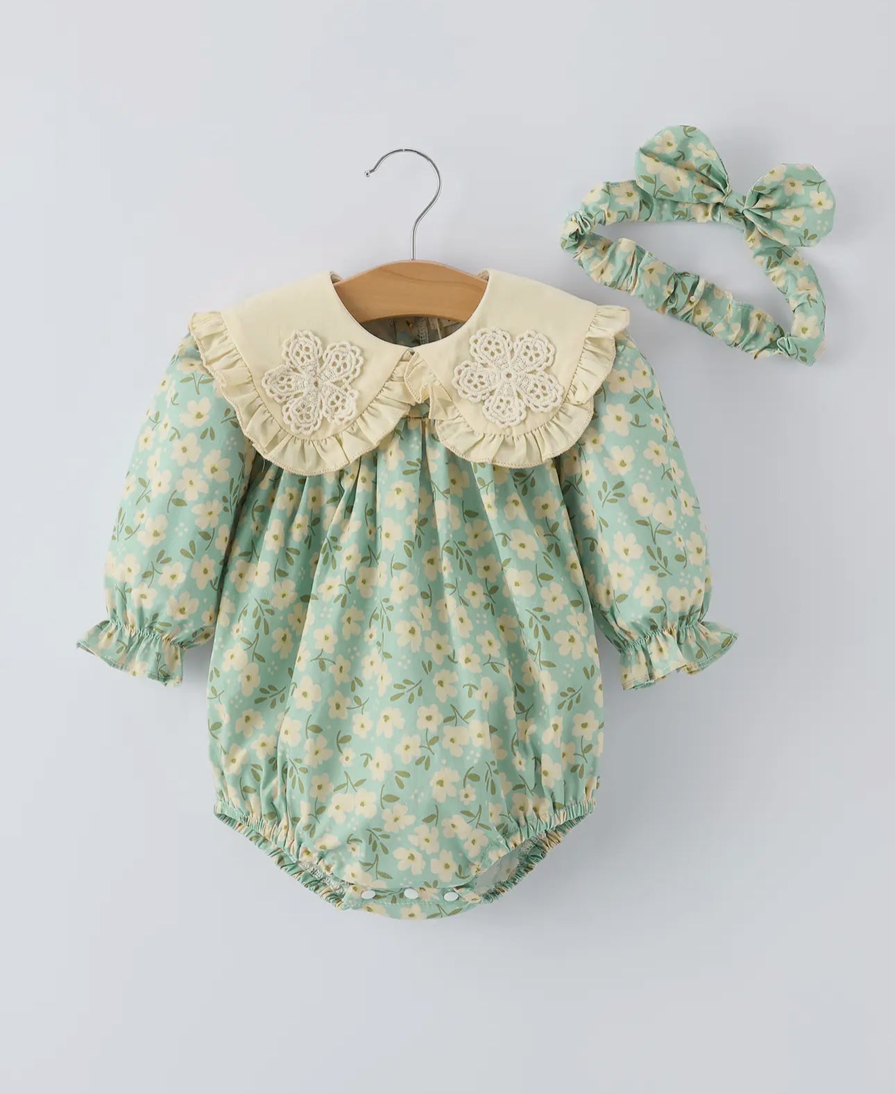 Spring Floral Print Long-Sleeved Romper and Dress Matching Headband