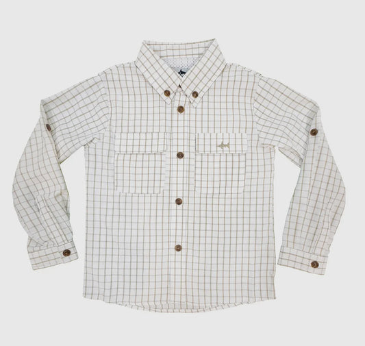 Flagler Boys Fishing Shirt - White/Khaki Plaid