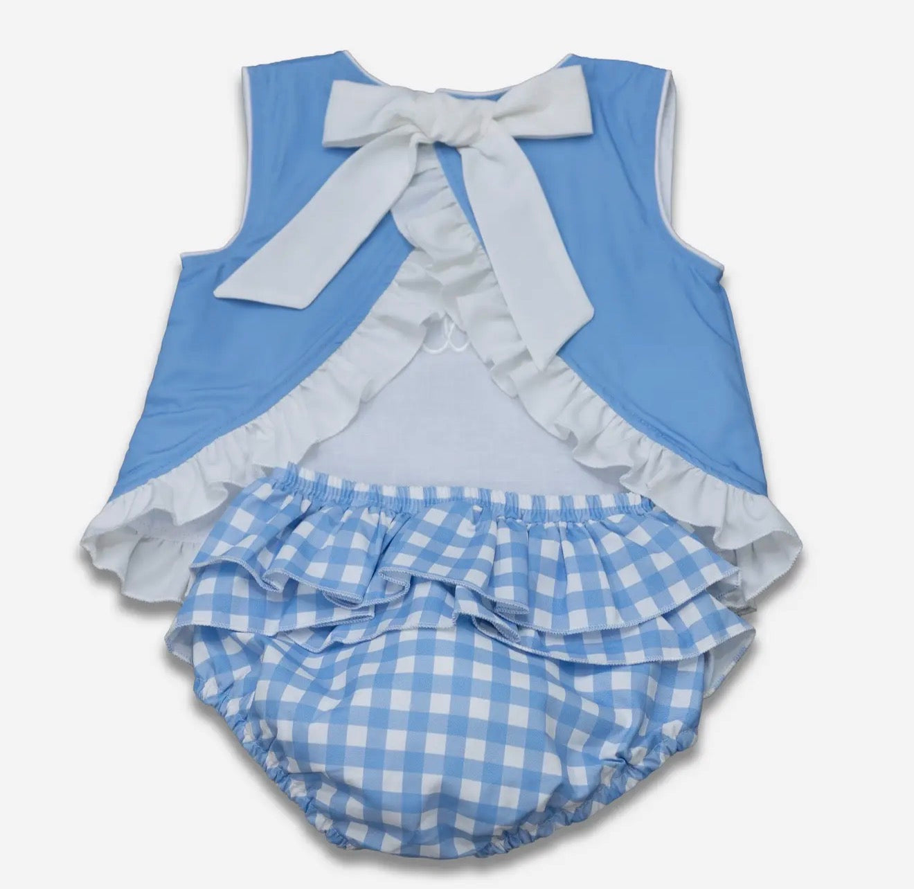 Girls Ruffle Trimmed Swing Back Bloomer Set - Blue Gingham