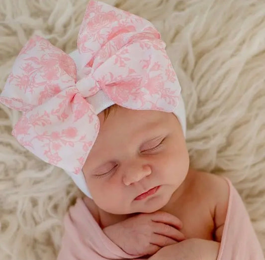 Floral Bow in Pink Newborn Girl Hat
