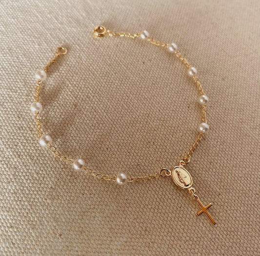 18k Gold Filled Pearl Rosary Bracelet