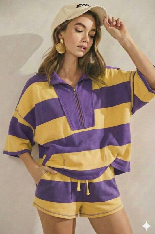 Game Day Vintage Striped Top Front Zip
Shorts Set