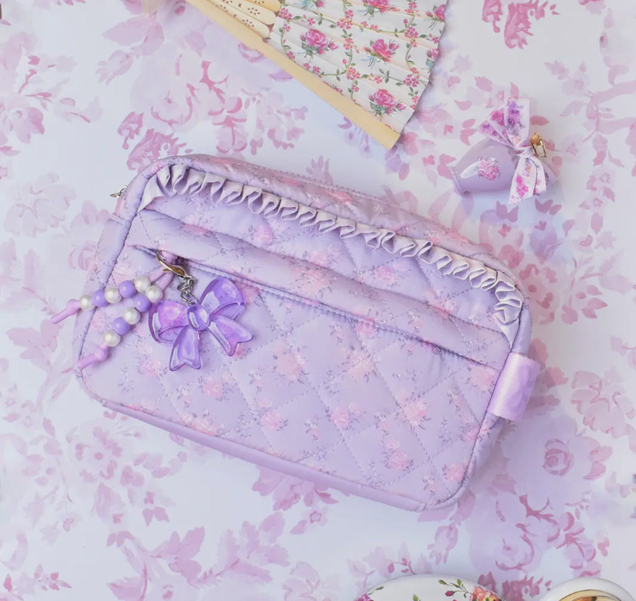 Quilted Floral Printed Pouch with Charm